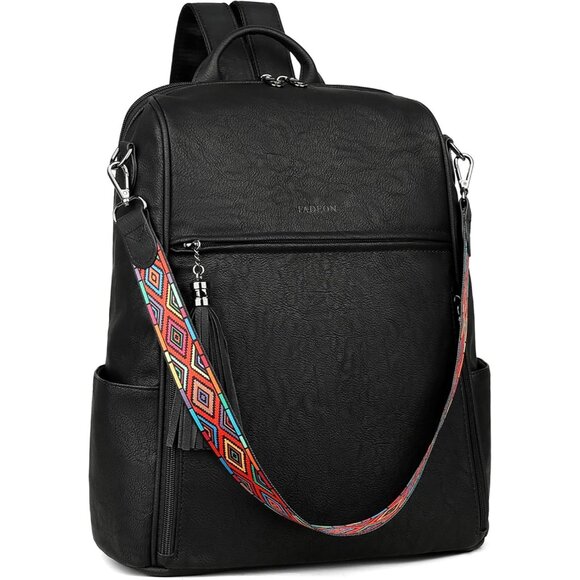 Women's Pure Black Retro Style Backpack Designer 15.6 inch PU Leather Laptop Bag - Picture 4 of 7